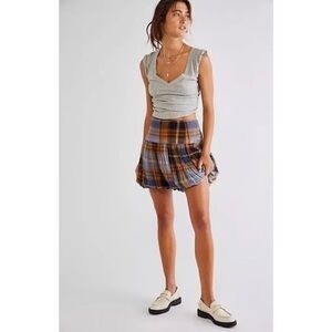 Free People women’s 2 xs plaid Blue Bubble Mini Skirt balloon hem gauze blue
